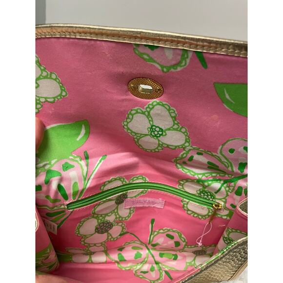 Lilly Pulitzer Gold Basketweave Metallic Clutch Vintage Floral Interior & Clasp - Picture 5 of 11